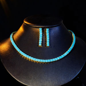SEQUITO Women Fine Jewelry Set Inlay Sky Blue Squre Cut AAAAA Cubic Zirconia Anniversary Yellow Gold Plated Long Dangle Earrings Necklace SJ464