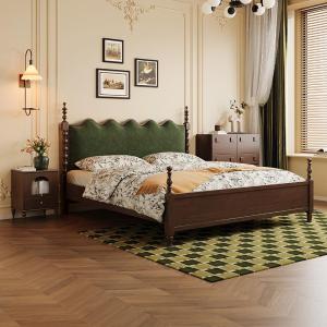 JINWUCANGJIAO | Vintage Luxury Wave Padded Solid Wood Bed