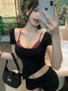 GUZILIAN | Áo thun nữ cổ treo ôm vừa vặn thời trang mùa hè mới không đều kiểu hở lưng họa tiết bướm chất liệu cotton pha trộn