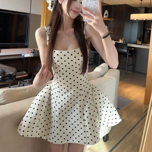 Váy Ngắn Mùa Hè Mới Ngọt Ngào Cho Nữ Váy Ngắn Hở Lưng Thắt Lưng Váy Xòe Họa Tiết Chấm Bi Váy Nữ