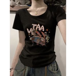 Unique Printed Grey Short Sleeve T-Shirt Womens Fashion Slim Fit Shoulder Bear Summer New Arrival Korean Style Cotton Blend