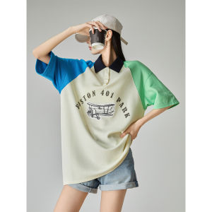Color Block Polo Neck Printed Short Sleeve T-Shirt Women Summer New Loose Slim Fit Shoulder Insertion Trendy Top Polyester Fiber