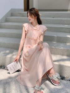 Pink Floral Print Summer Dress Womens Sweet French Style Cover Belly Slimming Long Skirt A-Line Silhouette Commute Style