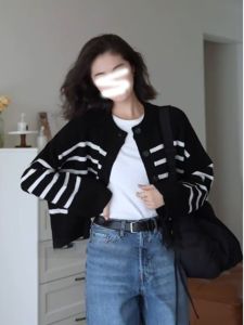 American Retro Lazy Style Color Block Striped Long Sleeve Knitted Open Cardigan Womens Autumn Winter Loose Outerwear Sweater Jacket