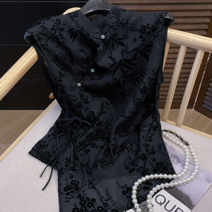 PAIBOLI | New Chinese Style Cheongsam Inspired Black Jacquard Short Sleeve Square Neck Shirt