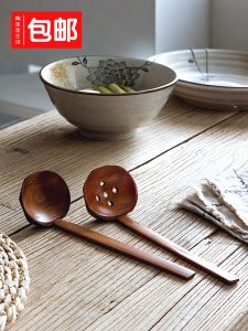 Japanese Style Long Handle Wooden Spoon Ramen Spoon Turtle Shell Pattern Wooden Soup Spoon Hot Pot Strainer Set Dining Utensils