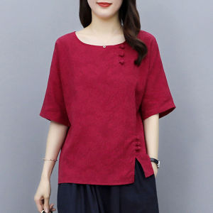 Loose Fit Cotton Linen Womens T-Shirt Short Sleeve Korean Style Summer Slimming Large Size Embroidered Top Retro Button Artistic
