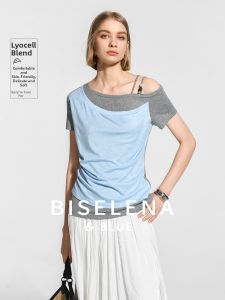 BEIQIANI | Casual Color Blocked Swing Neck Slanted Shoulder Knit Tshirt