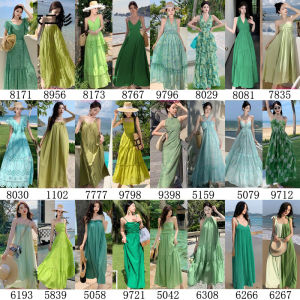 ชุดเดรสยาวสายเดี่ยวสีเขียวมะกอกสไตล์ฝรั่งเศส ชุดไปงานวันหยุดสำหรับผู้หญิง ชุดเดรสยาวฤดูร้อน ชุดเดรสยาวปานกลาง ชุดเดรสยาวปานกลาง