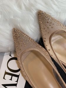 French Style Leather Red Sole Mesh Slip-On Flat Shoes Lace Fairy Water Diamond Inner Heightening Pointed Toe Womens Single Shoes