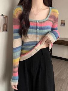 Slim Fit Womens Long Sleeve Rainbow Stripes Knitted Shirt Colorful Gradient Design Comfortable Soft Material Fashionable Top