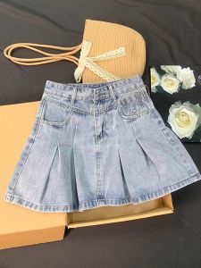 Váy Ngắn Chữ a Cạp Cao Denim Dáng Rộng Mùa Hè Cho Nữ Dáng Mập Đa Năng Váy Ngắn Nửa Thân