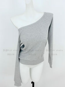 Korean Style Long Sleeve Asymmetrical Shoulder T-Shirt Womens Spicy Girl Unique Slimming Top Cotton Blend Comfortable Knitted