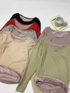 chaqi | Lace Trim Base Layer Shirt Long Sleeve Womens Short Style French Collar Tie Chest Pad T-Shirt Spring Autumn Home Wear Pure Color