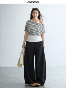 JULULOOK | Bộ Đồ Áo Dây Asymmetrical Stripe Thiết Kế Một Phía & Quần Dành Cho Size Lớn