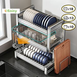 Lifinity 2/3 Layers High Quality 304 Stainless Dish Rack with Drainer Pates Organizer Storage Kitchen Draining Racks