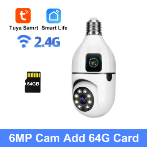 Tuya 6MP HD PTZ WiFi Seguridad Dual Lens Screen E27 Bulb Camera Color Night Vision Security Video Surveillance 360° Rotation Cam