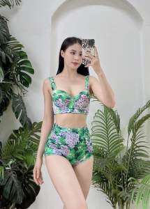Đồ bơi nữ áo tắm nâng ngực kèm khăn sét cẩm tú cầu đi biển sang trọng BIKINI SÀI GÒN