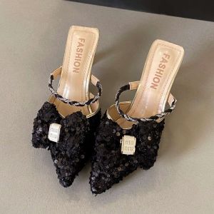 Shiny Sequin Butterfly Knot Half Slippers Womens Pointed Toe High Heel Mules Korean Style Summer New Elegant Thin Heel Slippers
