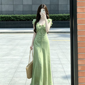 ZHENMANZI | French Vacation Style Green V-Neck Ruffles Sleeveless Flattering Slimming Long Dress