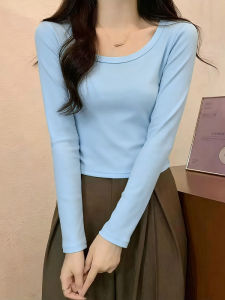 Sweet And Spicy Korean Style Light Blue Casual Long Sleeve U-Neck Basic Womens T-Shirt Cotton Material Autumn Season