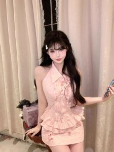 Pure Desire Summer High Waist A-Line Skirt Two-Piece Set Womens Sleeveless Top Half-length Short Skirt Sweet Style