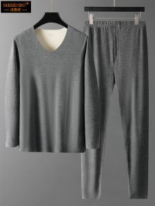 Mens Thermal Underwear Set Thickened Silk Velvet No Trace Warmth Enhancement Long Sleeve V-Neck Long Pants for Middle-Aged