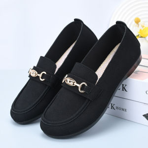 ฤดูใบไม้ผลิฤดูใบไม้ร่วงรองเท้าผ้าปักกิ่งรองเท้าทํางานลื่นสําหรับผู้หญิงสีดํานุ่มสบายสไตล์ลําลองส้นแบนรอบหัว