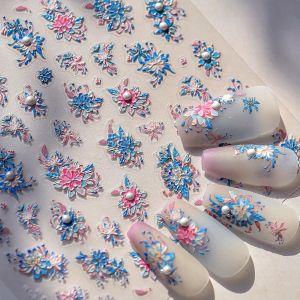 Gradient Blooming Pearl Flowers Nail Art Stickers Pink Blue Peony Camellia Daisy Rose Bowknot Lily Sunflower DIY Manicure Decals