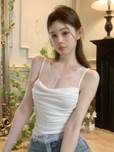 GUZILIAN | เสื้อกั๊กเกาะอกทรงเข้ารูปผ้าลูกไม้สไตล์สาวฮอตสำหรับฤดูร้อน เสื้อเชิ้ตชั้นในเซ็กซี่ทรงเข้ารูป ดีไซน์เก๋ไก๋ เสื้อกั๊กแขนสั้น