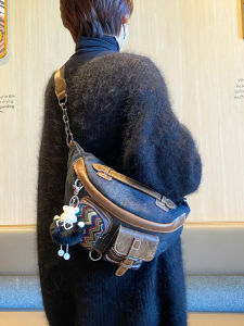 Retro Denim Canvas Bag Womens Crossbody Waist Bag Ethnic Style Embroider Casual Neutral Trendy Crossbody Dumpling Bag Chest Bag