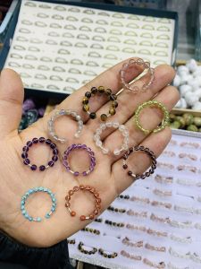 Natural Crystal Ring Open Silver Wire Winding round Beads Amethyst Tigereye Tourmaline Ring Handmade