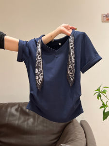 Áo Thun Nữ Cổ Chữ V Tay Ngắn Thắt Nơ Kiểu Pháp Cổ Điển Mùa Hè Mới Thắt Eo Thon Gọn Áo Thun Nữ Phong Cách Đường Phố OIKA