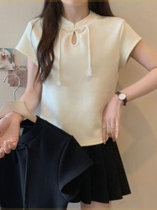 Loose Fit Pure Color Button up Short Sleeve T-Shirt Womens Summer New Chinese Style National Trend Top plus Size round Neck