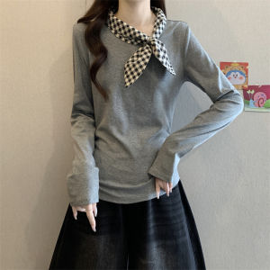Áo Thun Nữ Cổ Chữ V Tay Dài Thiết Kế Kẻ Caro Kiểu Pháp Thời Trang Thu Đông Cổ Điển Ôm Vừa Vặn Chất Liệu Cotton Pha Trộn