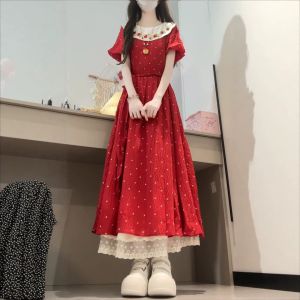 XUECAIQI | Unique Red Peter Pan Collar Polka Dots Long Dress