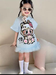 ชุดเดรสเด็กผู้หญิงแขนสั้นลายการ์ตูน ชุดเดรสผ้าตาข่ายสไตล์เจ้าหญิง ชุดเดรสฤดูร้อนสำหรับเด็กผู้หญิง ชุดเดรสผ้าฝ้ายคอตตอน
