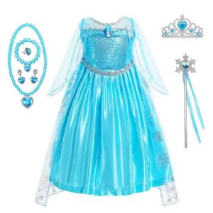 Girls Elsa Cosplay Long Sleeve Dress Children Snow Queen Blue Christmas Birthday Party Kids Halloween Carnival Princess Costume