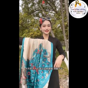 Khăn choàng nữ màu xanh họa tiết dài 90x180 Khăn lụa satin thời trang quàng cổ làm áo hang Quảng Châu cao cấp 2022