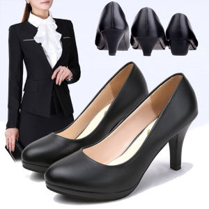 Professional Womens Thin-Heel Black Leather Shoes for Career and Airline Uniforms