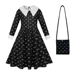 【New Arrival】 Women Black Cosplay Dress The Addams Family Maxiskirt with Pattern for Halloween and Themed Events