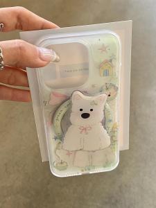 Cute Oil Painting Green Apple West Highland Dog Magnetic Bracket for Iphone15promax Apple 14 Phone Case 15 New Arrival 15pro Female 12 Double Layer 13pm Silicone Creative Phone Case