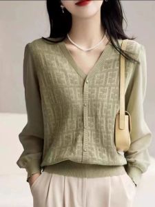 Ice Silk Sweater Womens Long Sleeve V Neck Summer Thin Outwear Spring and Autumn Loose Cut Out Bottoming Shirt Short Tops