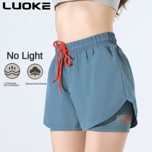 Luoke Sports shorts womens fake two-piece drawstring anti glare casual sports reflective letter shorts fitness yoga pants
