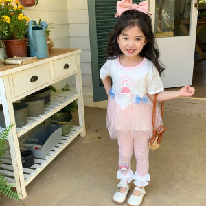 [PRINCESS KESLI] 1-9 Tahun Girls Clothing Sets Princess Tile Pita Lengan Pendek Poliester Polos setelan anak perempuan