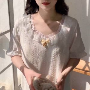 Princess-style Nightdress Short-Sleeve Nightdress with Built-in Bra Pads Lace Trim & Lightweight Perfect for Homewear