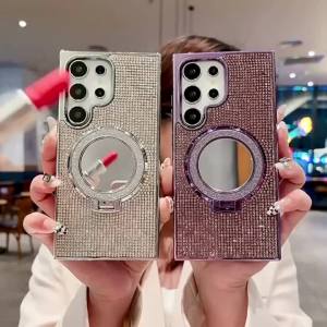 Plating Glitter Solid Color Rhinestone Mirror Bracket Phone Case For Samsung Galaxy S25 S24 S23 S22 Ultra Plus Shockproof Cover