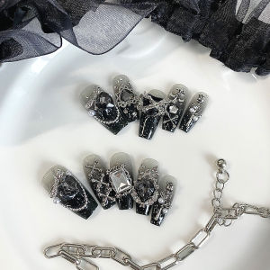 10 pieces of handmade coffin shaped nails beautiful fake nails dark gothic nail art cool metal decoration suitable for women