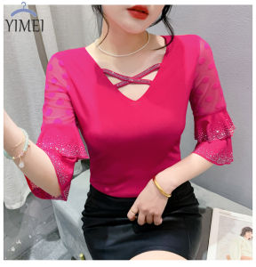 YIMEI เสื้อยืดผู้หญิงลายเพชรร้อนแรงใหม่ฤดูร้อนสง่างามเสื้อกันแดดตาข่ายแยกออกจากกันเสื้อแฟชั่นแขนโลตัส2024เต้นเซ็กซี่