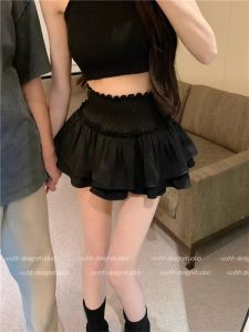 Váy Ngắn Chữ a Màu Đen Cạp Cao Cho Nữ Mùa Hè Váy Ngắn Phong Cách Ngọt Ngào Có Lớp Lót Chống Ánh Sáng Váy Ngắn Xếp Ly